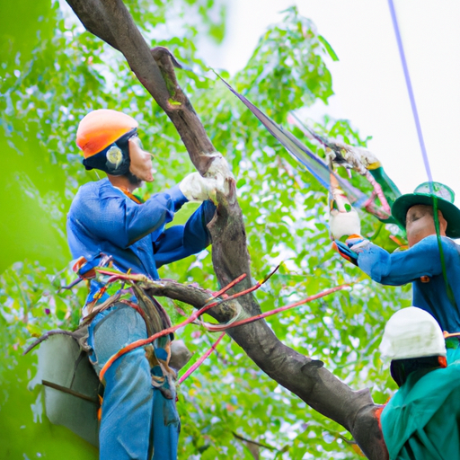 אילוסטרציה חברת גיזום עצים מקצועית בעבודה, עם עובדים לובשים ציוד בטיחות