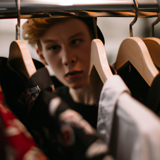תמונה של צעיר מסתכל דרך מתלה בגדים בחנות