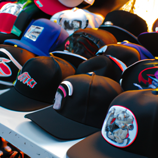 מגוון כובעים עם עיצובים מותאמים מודפסים עליהם.