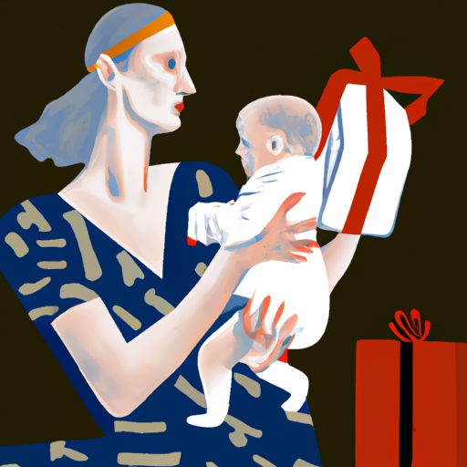 אישה מחזיקה תינוק בזרועותיה ומסתכלת על קופסת מתנה