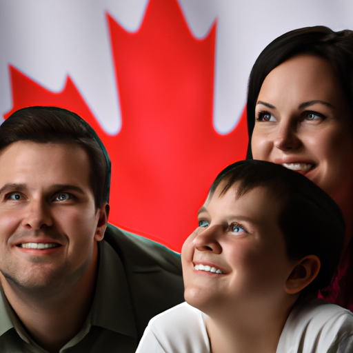תמונה של משפחה מאושרת עם דגל קנדה ברקע, המסמל את חלום ההגירה